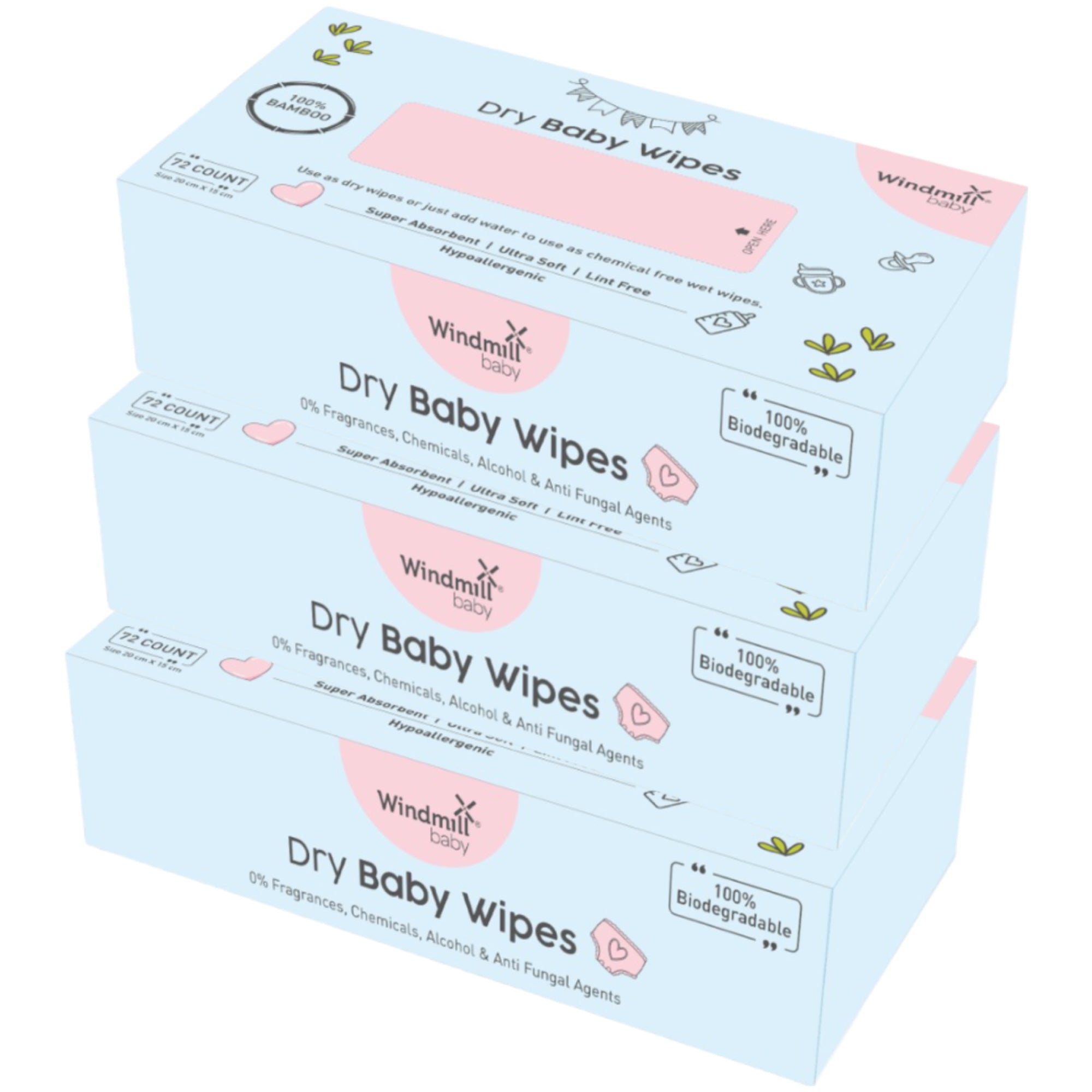 100% Chemical Free Baby Wipes, Natural Soft Bamboo - Pack of 3 (72 each)