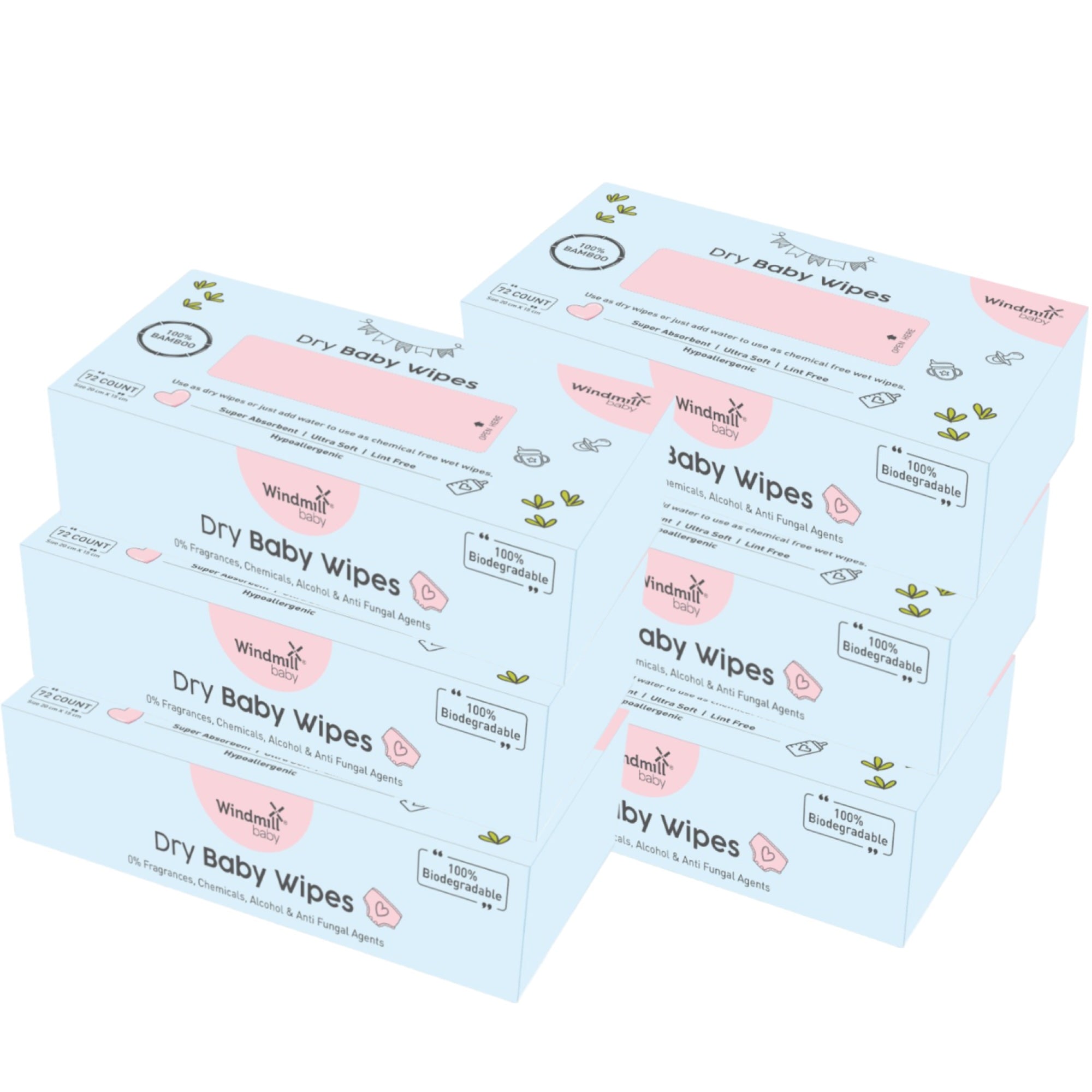 100% Chemical Free Baby Wipes, Natural Soft Bamboo - Pack of 6 (72 each)