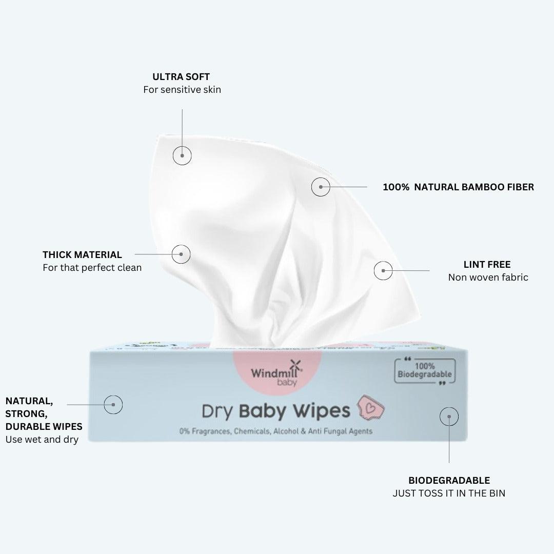 Natural Dry Baby Wipes, 100% Soft Bamboo - Windmill Baby