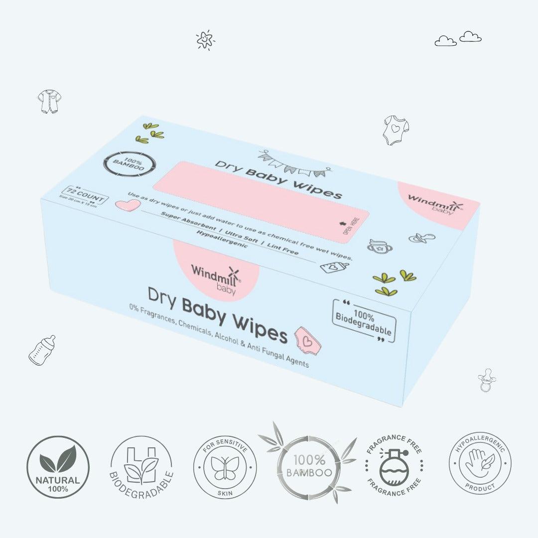 Natural Dry Baby Wipes, 100% Soft Bamboo - Windmill Baby