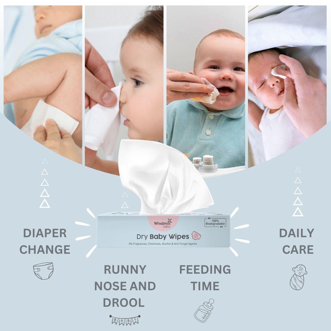 Natural Dry Baby Wipes, 100% Soft Bamboo - Windmill Baby